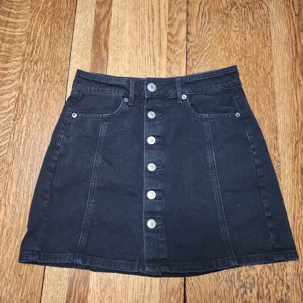American Eagle Black Denim Button Front Mini Skirt Size 0 High Waisted 767